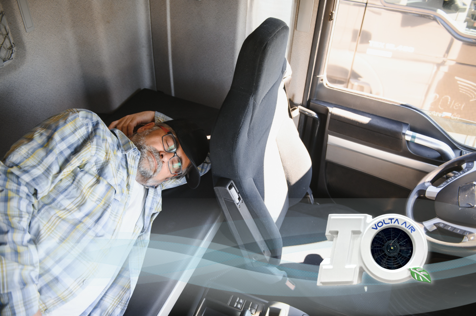 Truck driver sleeping in the truck cabs, with our IQ ac unit